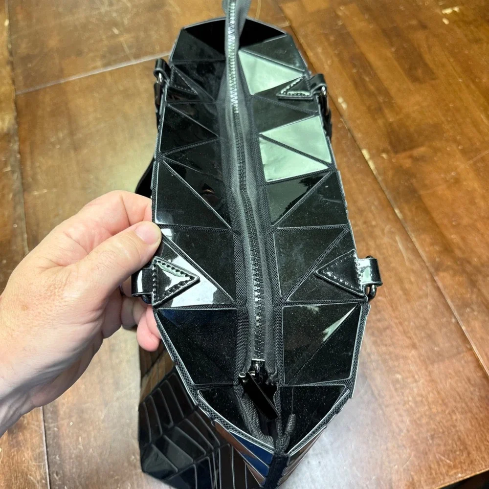 Geometric Tote Bag Women Large Black Glossy Chevron Mosaic Shoulder Bag